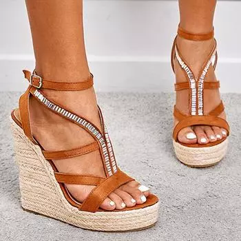 Летние женские сандалии на высоком каблуке 12,5 см, танкетка 3,5 см, босоножки на платформе со стразами, плетеные сандалии-гладиаторы, коричневые женские туфли в стиле фетиш 35 серый