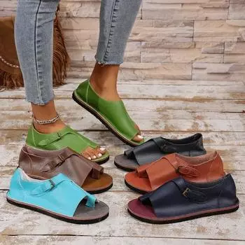 Летние женские сандалии Новые плоские ретро с открытым носком Дизайнерские повседневные женские сандалии Foot Fighter Trend Mom Flat с пряжкой 35 зелёный