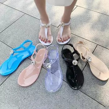 Летние женские сандалии с клипсой на плоской подошве, модная обувь со стразами для девочек, шлепанцы больших размеров, удобная женская прозрачная обувь 42 белый