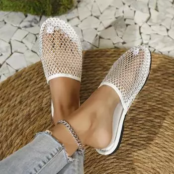 Летние женские сандалии с круглым носком и плоской подошвой, короткие полые сапоги, сексуальные банкетные тапочки с плоским дном и бриллиантами, размер плюс 43 35