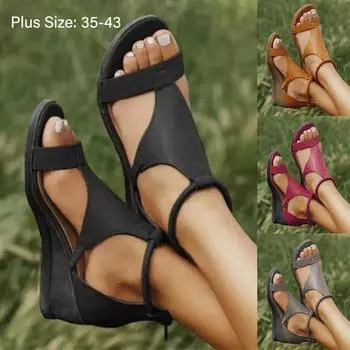 Летние женские сандалии Сандалии на танкетке Сандалии с открытым носком на молнии сзади Сандалии для повседневного ношения Большие размеры 35-43 43 вино красного