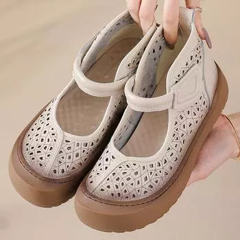 Летние женские сандалии-слайды в этническом винтажном стиле из зернистой коровьей кожи, с дышащей и ультрамягкой плоской подошвой и ботинками в стиле бохо-трибал 35