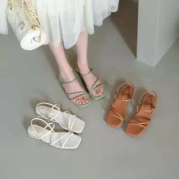 Летние женские сандалии в полоску, сандалии на каблуке с квадратным носком 35 белый