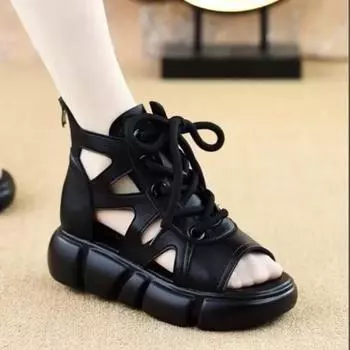 Летние женские сандалии в стиле ретро с толстой подошвой и ажурным носком «рыбий рот» 35 чёрный