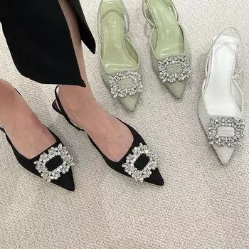 Летние женские сандалии, женские сандалии с острым носком на низком каблуке, неглубокие сандалии на шпильке, большие размеры 35 чёрный