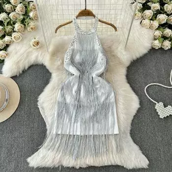 Летние женские серебристые блестки с кисточками и открытой спиной, сексуальные клубные вечерние мини-платья S серебряный