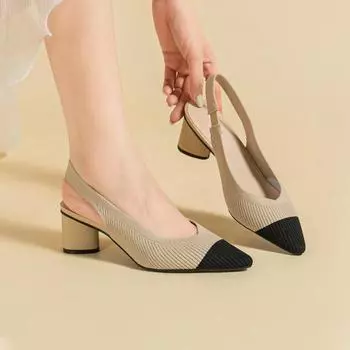 Летние женские сетчатые дышащие туфли на высоком каблуке с острым носком, модные однотонные нескользящие туфли с открытой пяткой, профессиональная обувь 34 абрикосовый света