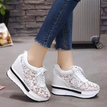 Летние женские сетчатые кроссовки на шнуровке, дышащие, на танкетке, увеличивающие рост, на платформе, женские повседневные прогулочные вулканизированные туфли Zapatillas 35 чёрный
