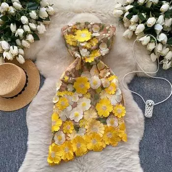 Летние женские сексуальные без бретелек роскошные вышитые цветочные сетчатые мини короткие вечерние платья S жёлтый