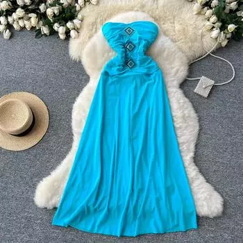 Летние женские сексуальные без бретелек с открытой спиной, большие качели, длинные макси, праздничные пляжные платья S синий