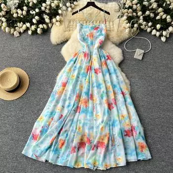 Летние женские сексуальные бретельки без бретелек с открытой спиной Длинные макси-принты Праздничные пляжные платья S синий