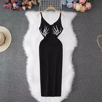 Летние женские сексуальные бретельки с принтом панк вязаный свитер мини короткие облегающие облегающие платья-пуловеры One Size красный