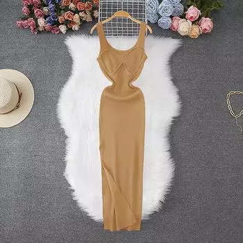 Летние женские сексуальные бретельки-спагетти вязаный свитер длинный миди тонкий облегающий пуловер платья One Size хаки