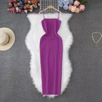 Летние женские сексуальные бретельки-спагетти с бисером вязаный свитер для офиса облегающие облегающие платья-пуловеры One Size фиолетовый