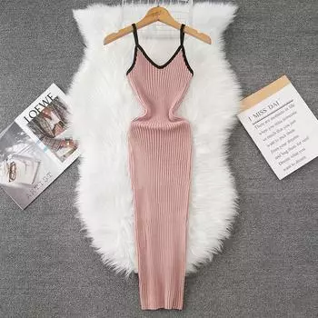 Летние женские сексуальные бретельки-спагетти вязаный свитер длинный миди тонкий облегающий пуловер платья One Size розовый