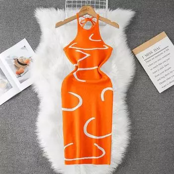 Летние женские сексуальные халтер с открытой спиной и принтом вязаный свитер мини-короткий тонкий облегающий облегающий пуловер платья One Size синий