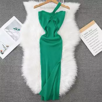 Летние женские сексуальные одно плечо ажурный вязаный свитер клуб вечеринка тонкий облегающий пуловер платья One Size зелёный