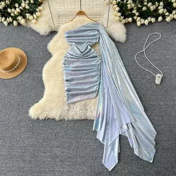 Летние женские сексуальные одно плечо с оборками вечерние мини-короткие платья-футляры S серебряный