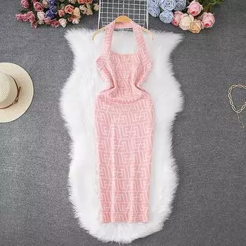 Летние женские сексуальные открытые спины халтер принт вязаный свитер клуб вечеринка облегающий мини короткие облегающие платья-пуловеры One Size розовый