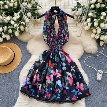 Летние женские сексуальные платья с глубоким V-образным вырезом и открытой спиной с принтом и бретельками через шею для клуба S чёрный