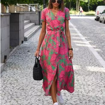 Летние женские сексуальные платья с v-образным вырезом и разрезом на шнуровке, длинные платья с цветочным принтом, женские повседневные элегантные пляжные платья с короткими рукавами 27574 S орион