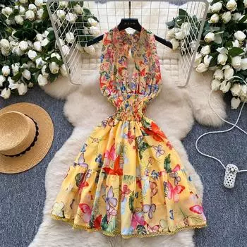 Летние женские сексуальные платья с глубоким V-образным вырезом и открытой спиной с принтом и бретельками через шею для клуба S чёрный