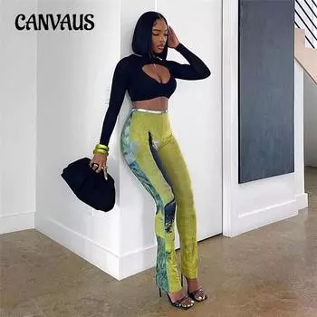 Летние женские сексуальные прозрачные сетчатые принты, дышащие тонкие повседневные брюки с высокой талией и бедрами S зелёный