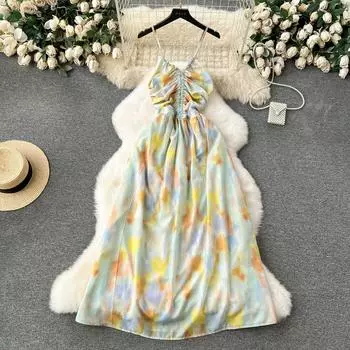 Летние женские сексуальные сарафаны на тонких бретельках с v-образным вырезом и принтом, праздничные пляжные приморские сарафаны S