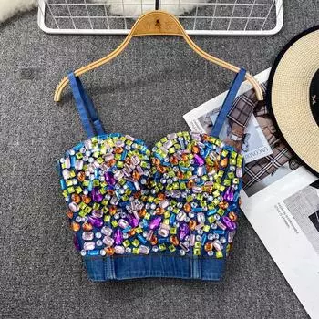 Летние женские сексуальные спагетти на бретельках «рыбья кость» красочные акриловые джинсовые бюстгальтеры на бретельках Роскошные клубные поло для танцев тонкие топы S синий