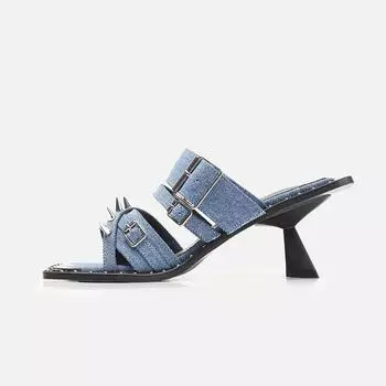 Летние женские сексуальные туфли на высоком каблуке, модные заклепки, джинсовые босоножки на высоком каблуке с перекрестными шнурками, кожаные черные панк-римские тапочки, женские шлепанцы 35 чёрный