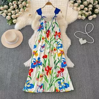 Летние женские шифоновые праздничные пляжные сарафаны с принтом на тонких бретельках S