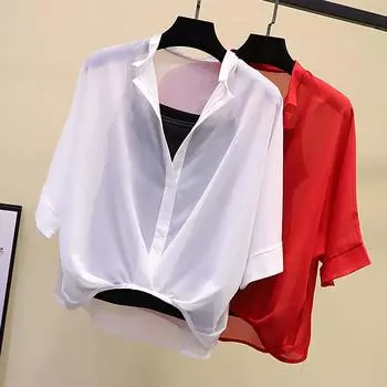 Летние женские шифоновые рубашки в полоску, тонкие нерегулярные комплекты блузок, женские топы с рукавами «летучая мышь», состоящие из двух частей XL белый