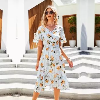 Летние женские шикарные платья с V-образным вырезом и рюшами и высокой талией, трапециевидным принтом, S-XXL S бежевый