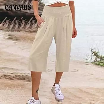 Летние женские широкие брюки из хлопка и льна, семь брюк с высокой талией и карманами, повседневные широкие брюки S белый