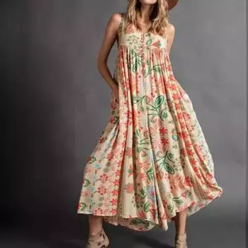 Летние женские широкие брюки, комбинезон, винтажный свободный цельный комбинезон без рукавов с цветочным принтом, пляжный комбинезон S ярко-розовый