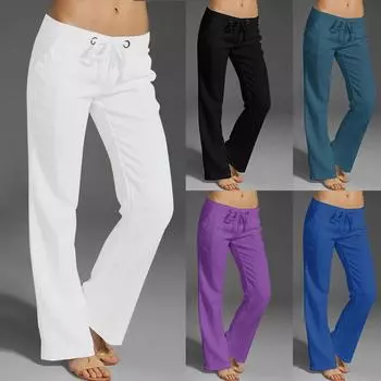 Летние женские широкие брюки, однотонные повседневные льняные укороченные брюки на шнурке с карманами L чёрный