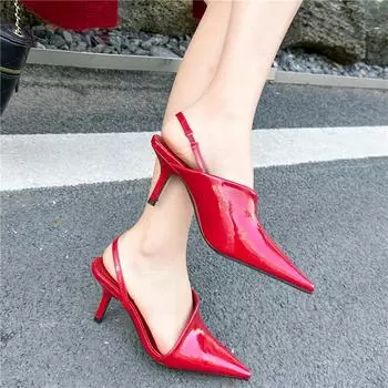 Летние женские шлепанцы на высоком каблуке 8 см, женские глянцевые кожаные сабо с открытой пяткой, неоновые желто-красные шлепанцы, свадебные туфли для вечеринок с острым носком 36 белый