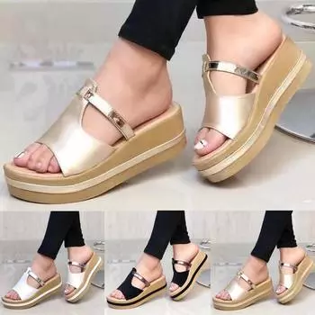 Летние женские шлепанцы, сандалии, модные удобные повседневные сандалии на наклонном каблуке, на толстой подошве, без шнуровки на платформе, на танкетке 35 чёрный