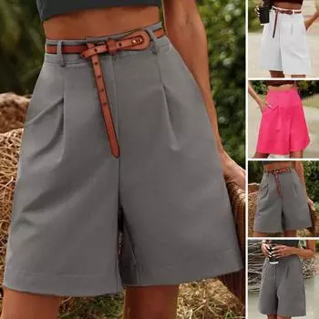 Летние женские шорты эластичные с высокой талией, свободные боковые карманы, прямые выше колена, мягкие однотонные дышащие повседневные повседневные деловые офисные шорты L темно-синий