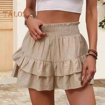Летние женские шорты, двухслойные, с рюшами и гофрированными эластичными шортами, с высокой талией, однотонные, длиной выше колена, для свиданий, отдыха, пляжа, йоги, фитнеса, мини-шорты M хаки