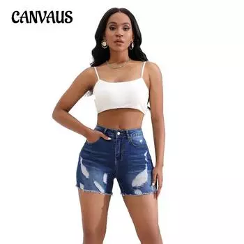 Летние женские шорты из денима больших размеров с высокой талией и эластичным кроем с дырками S темно-синий