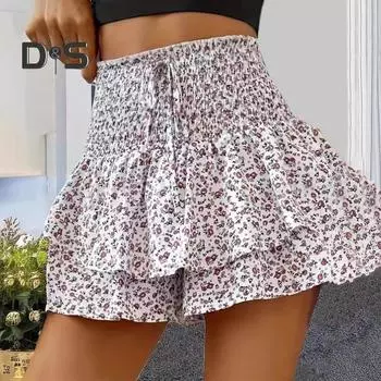 Летние женские шорты, многослойные шорты с цветочным принтом, гофрированные рюши, лоскутное шитье, эластичная высокая талия, широкий пояс, кулиска, искусственная юбка трапециевидной формы, женская мини-юбка S светло-желтого
