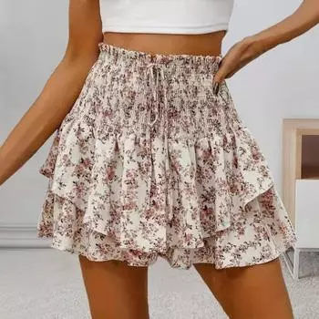 Летние женские шорты, многослойные шорты с цветочным принтом, гофрированные рюши, лоскутное шитье, эластичная высокая талия, широкий пояс, кулиска, трапециевидная юбка, мини-брюки L белый