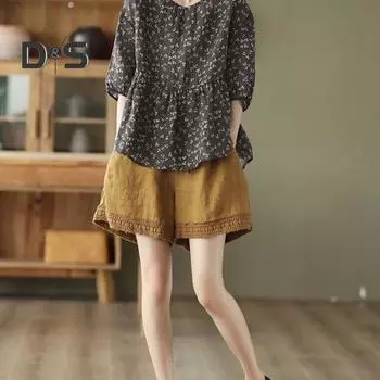 Летние женские шорты на шнурке, эластичные, с высокой талией, свободные однотонные плиссированные боковые карманы, большие размеры, вязаные крючком короткие брюки XL жёлтый