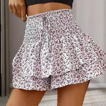 Летние женские шорты с принтом, гофрированные, с высокой талией, с рюшами, в стиле пэчворк, эластичные, многослойные, с цветочным принтом, с широким поясом, на шнурке, трапециевидной формы. L белый