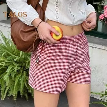 Летние женские шорты в клетку с принтом, эластичные, с высокой талией, мягкие дышащие, с боковыми карманами, повседневная домашняя одежда, пижамные шорты, пляжные шорты для отпуска, спортивные S чёрный