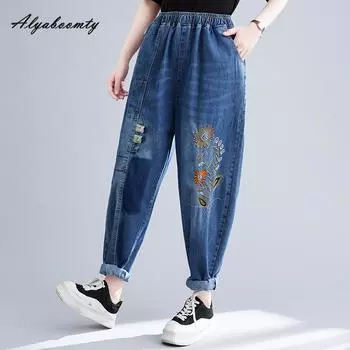 Летние женские синие джинсы больших размеров в корейском стиле с высокой талией и цветочной вышивкой, повседневные свободные джинсовые брюки, женские базовые джинсы-шаровары в стиле ретро M