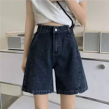 Летние женские синие широкие джинсовые шорты с высокой талией, повседневные женские однотонные уличные прямые джинсы, шорты-бермуды XL синий