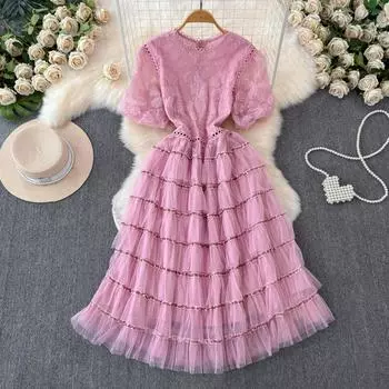 Летние женские сладкие блестящие цветочные розовые сетчатые вечерние платья с вырезами S розовый