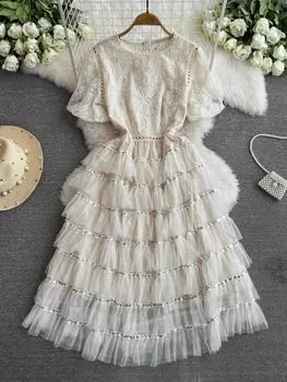 Летние женские сладкие блестящие цветочные сетчатые вечерние платья с вырезами S абрикосовый